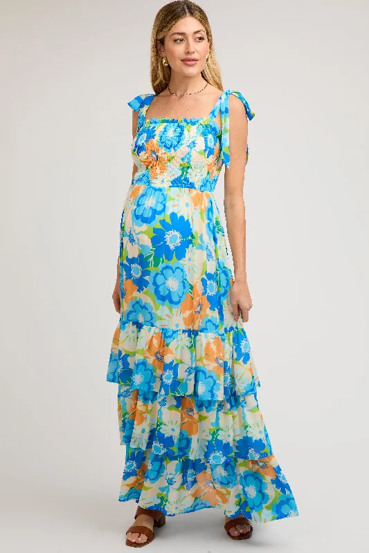 Women's floral dress calm glow -Blue Floral Smocked Shoulder Strap Maternity Maxi Dress