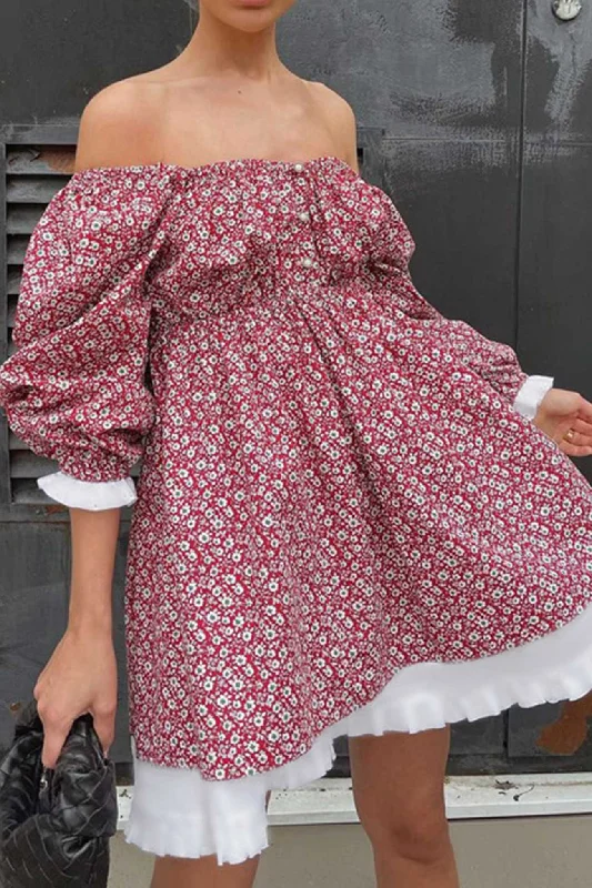 ladies-floral-dress-sporty-sweep-TastyHottie - Puff Sleeve Off-Shoulder Floral Babydoll Dress