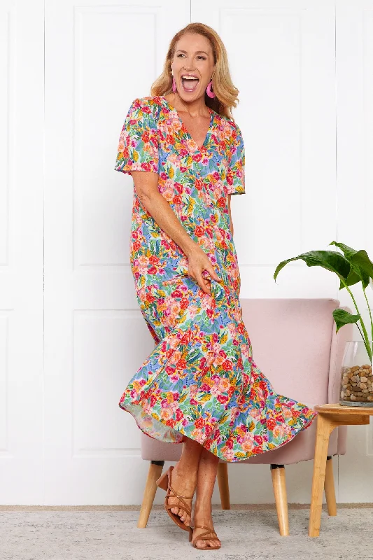 ladies-floral-dress-wine-wisp-Patrice Cotton & Linen Dress - Bright Floral