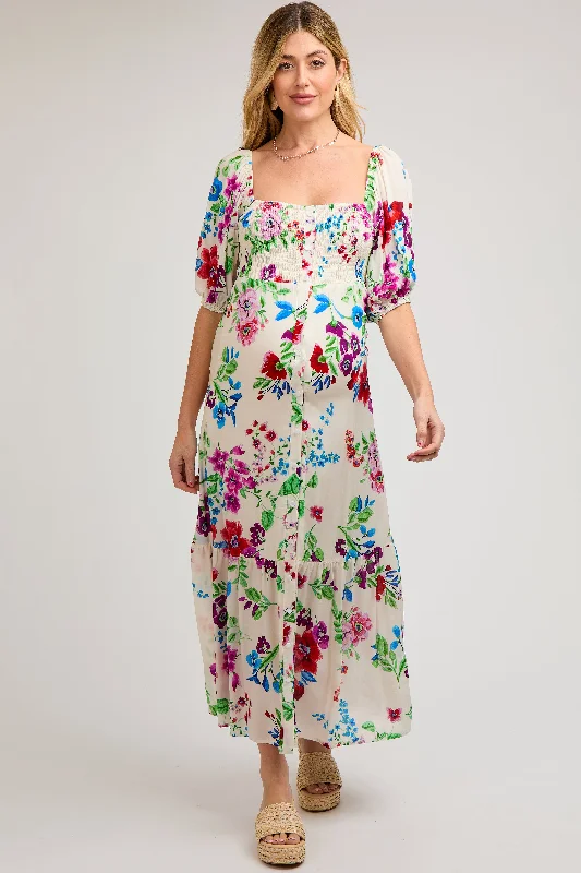 Women's floral dress crew glow -Ivory Floral Front Button Accent Maternity Maxi Dress