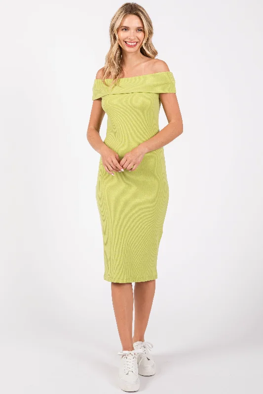 Women's midi dress sway flair -Lime Ribbed Knit Off Shoulder Midi Dress