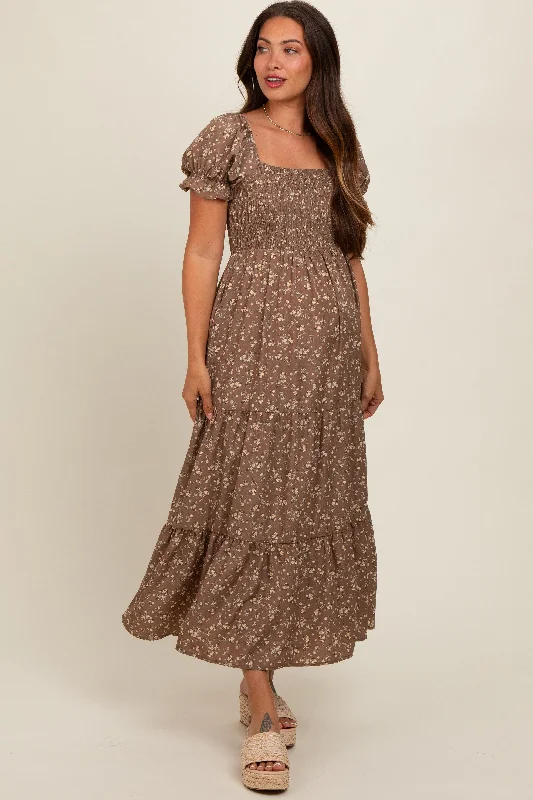 Women's floral dress stem flair -Mocha Floral Short Sleeve Maternity Maxi Dress