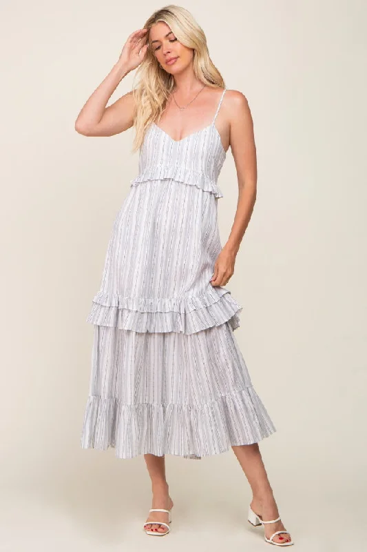 Women's midi dress wet pop -Ivory Striped Ruffle Tiered Midi Dress