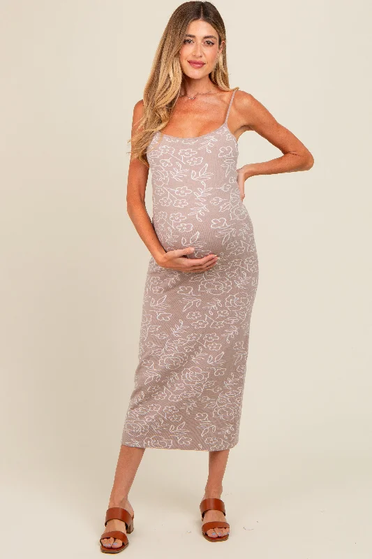 Women's midi dress bud glow -Beige Floral Knit Fitted Maternity Midi Dress