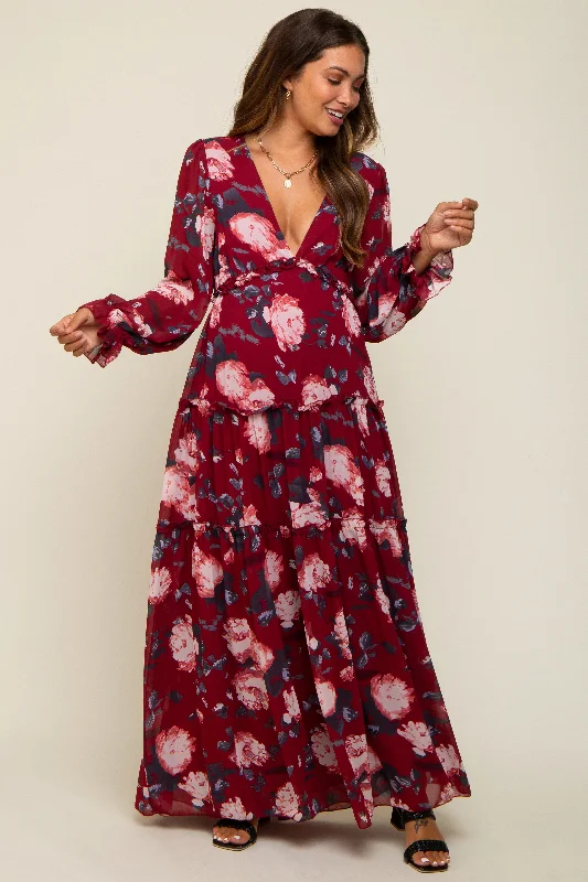 Women's floral dress rust flair -Burgundy Floral Chiffon V-Neck Lettuce Edge Tiered Maternity Maxi Dress