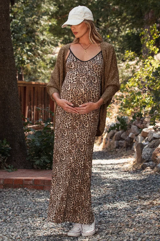 Women's floral dress mute pop -Brown Animal Print Fitted Maternity Maxi Dress