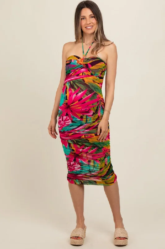 Women's midi dress lush pop -Fuchsia Tropical Halter Maternity Fitted Midi Dress