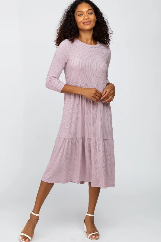 Women's midi dress tidy chic -Lavender Tiered Ribbed 3/4 Sleeve Midi Dress