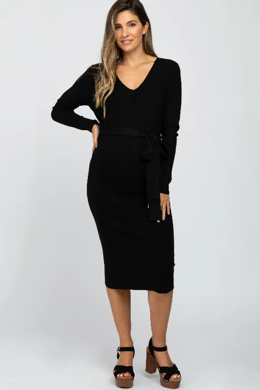 Women's midi dress wide glow -Black Tie Front Maternity Sweater Midi Dress