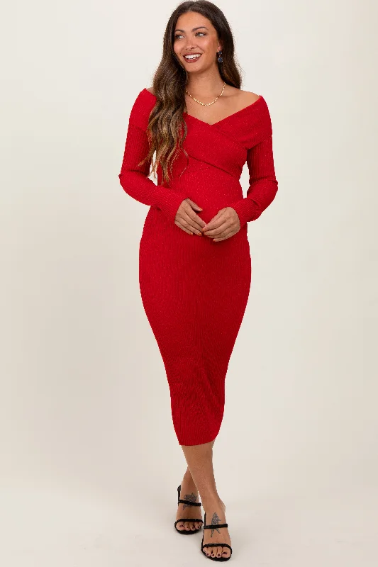 Women's midi dress sway flair -Red Ribbed Crossover Off Shoulder Maternity Midi Dress