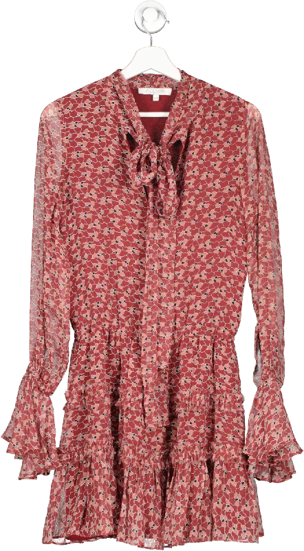 ladies-floral-dress-faint-fuchsia-Alexis Red Floral Silk Long Sleeve Tiered Ruched Tie Neck Dress UK XS