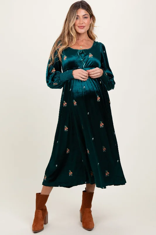 Women's midi dress break pop -Deep Teal Velvet Embroidered Floral Maternity Midi Dress