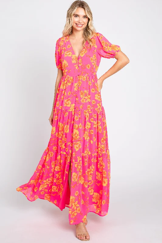 Women's floral dress thread glow -Neon Pink Floral Front Button Tiered Maxi Dress