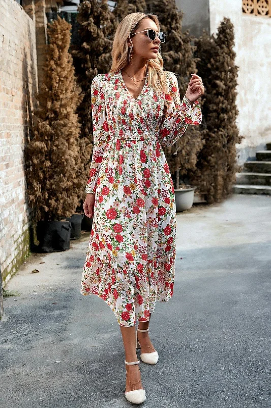 ladies-floral-dress-olive-orchid-WOMEN HIGH WAIST LONG SLEEVE FLORAL FLOWY DRESS