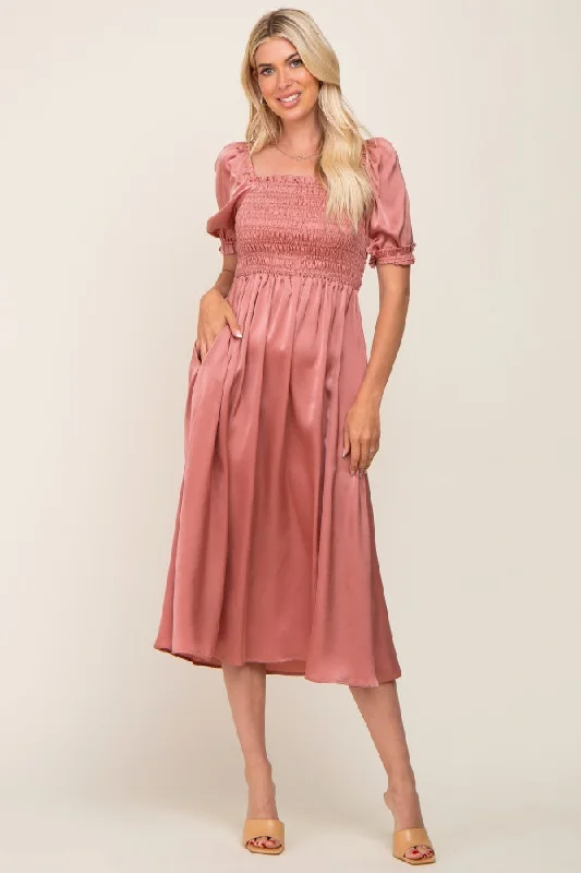 Women's midi dress pale chic -Pink Satin Puff Sleeve Midi Dress