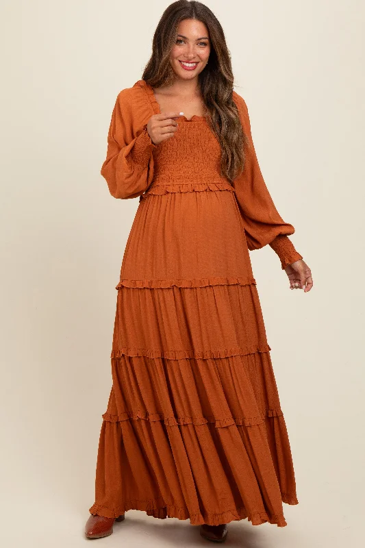 Women's floral dress long flair -Camel Smocked Long Sleeve Ruffle Tiered Maternity Maxi Dress