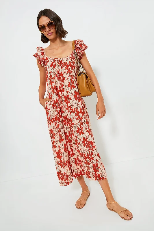 ladies-floral-dress-ruched-rose-Burnt Red Hibiscus Floral The Cascade Dress