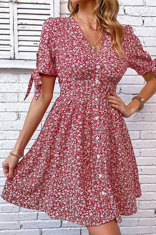 ladies-floral-dress-square-sweep-FLORAL TIED SLEEVE BUTTON UP SLIM SHORT DRESS