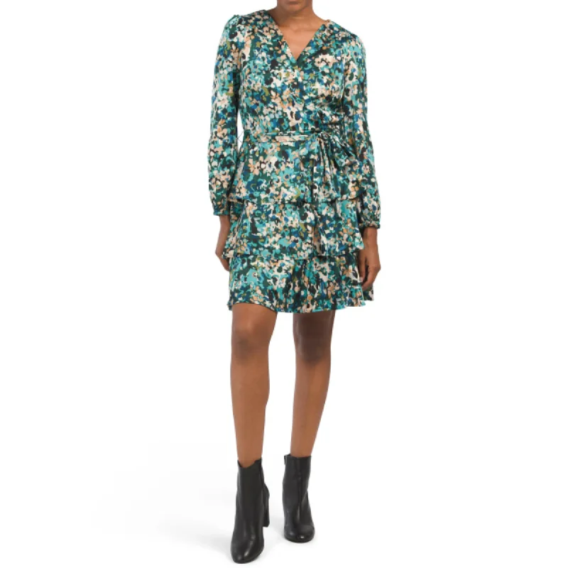 ladies-mini-dress-lace-lush-Nicole Miller NY Women's Floral Print Long Sleeve Ruffle Tiered Mini Dress