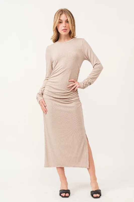 Women's midi dress shy glow -Beige Ruched Long Sleeve Midi Dress