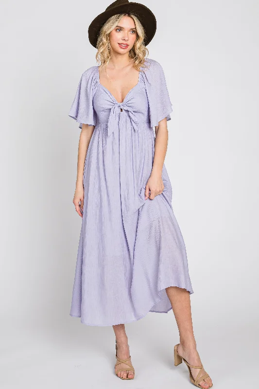 Women's midi dress flash glow -Lavender Front Tie Ruffle Sleeve Midi Dress