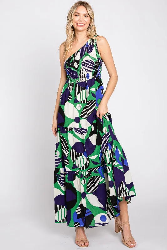 Women's floral dress dusk chic -Green Printed One Shoulder Tiered Maxi Dress