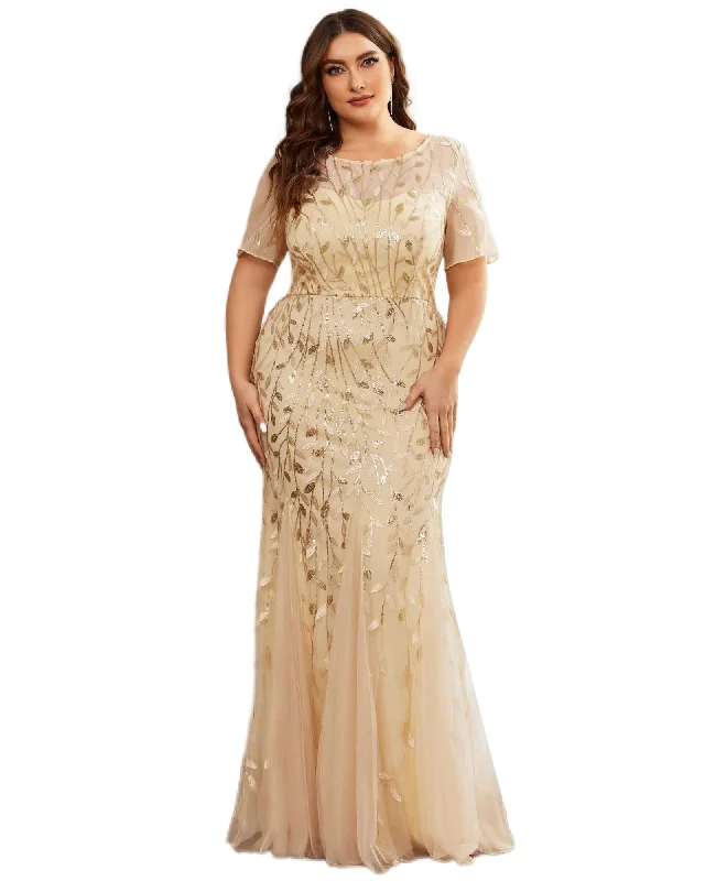 ladies-floral-dress-youthful-yarrow-Floral Sequin Mermaid Tulle Evening Dress | Gold