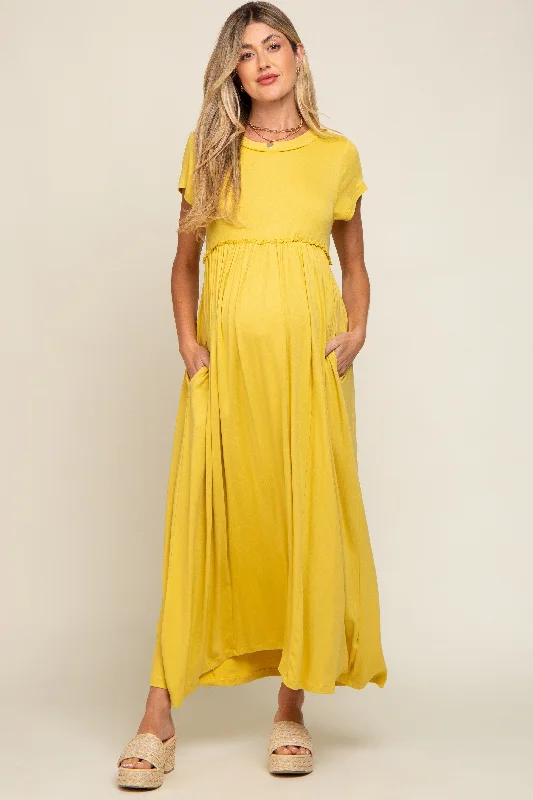 Women's floral dress drift bloom -Yellow Short Sleeve Pocketed Maternity Maxi Dress