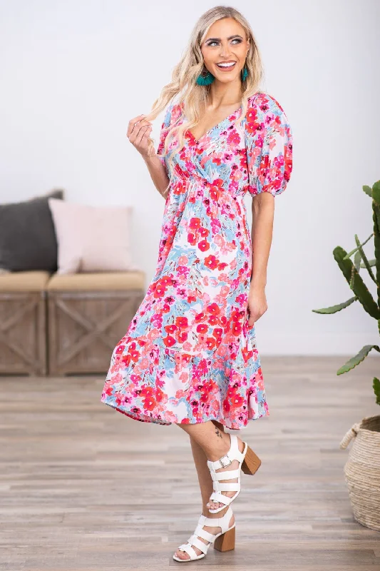 ladies-floral-dress-flowy-fern-Sky Blue and Pink Puff Sleeve Floral Dress