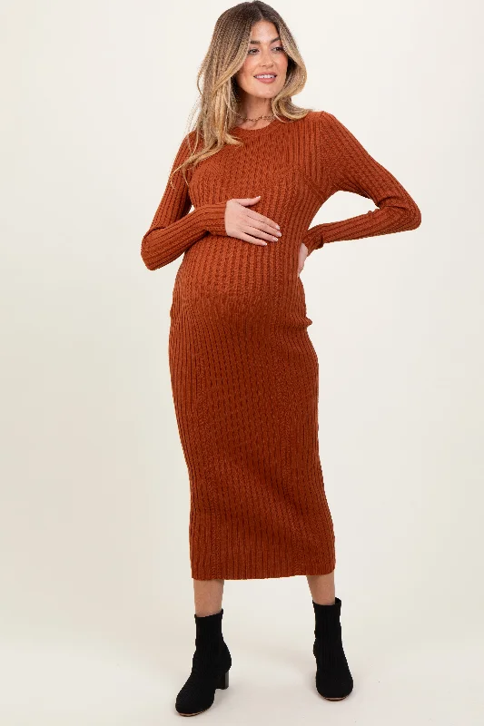 Women's midi dress pale chic -Rust Contrast Ribbed Knit Maternity Midi Dress