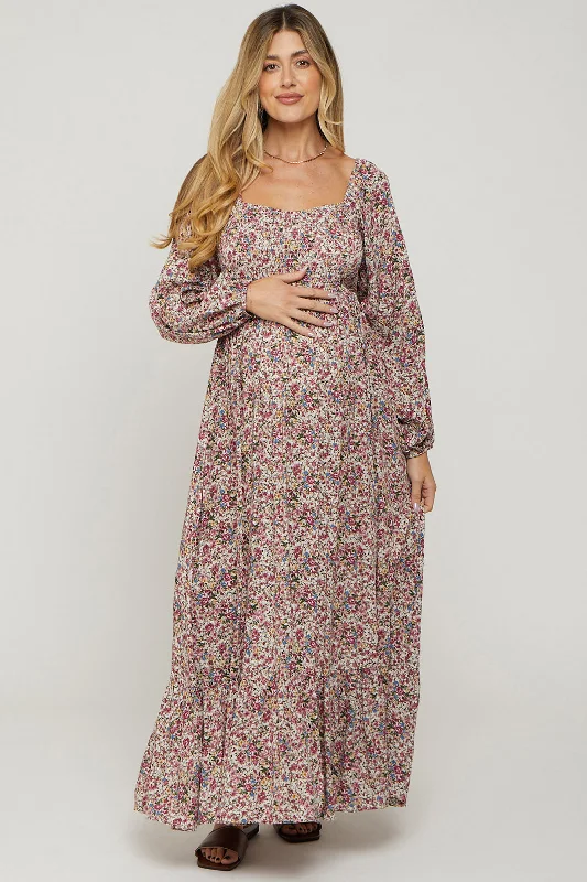 Women's floral dress stem flair -Mauve Floral Long Sleeve Maternity Maxi Dress