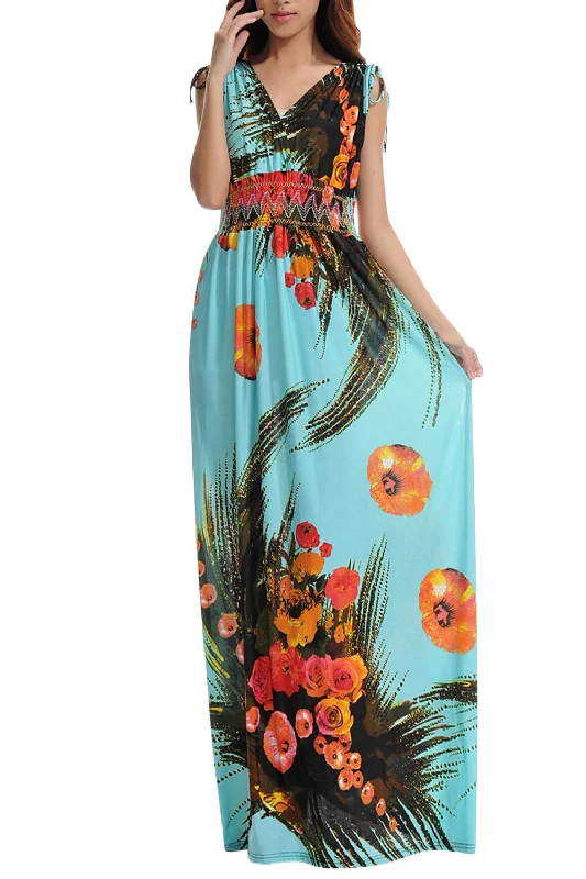 Women's floral dress ride pop -Iyasson Bohemian Floral Print V-neck Sleeveless Maxi Dress