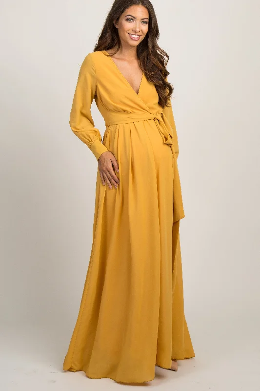 Women's floral dress crew flair -Yellow Chiffon Long Sleeve Pleated Maternity Maxi Dress