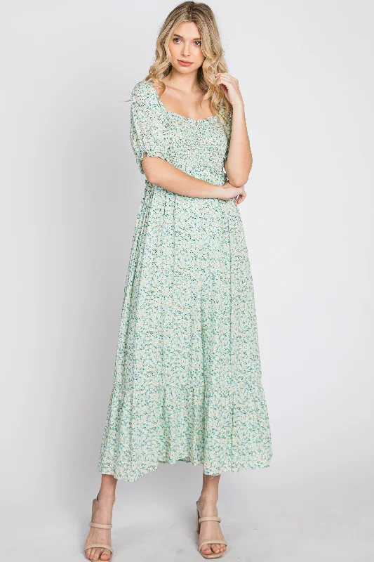 Women's midi dress task pop -Mint Floral Sweetheart Neck Midi Dress