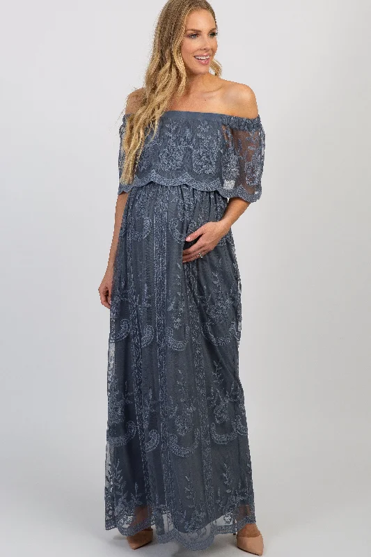 Women's floral dress vine pop -Blue Lace Mesh Overlay Off Shoulder Maternity Maxi Dress