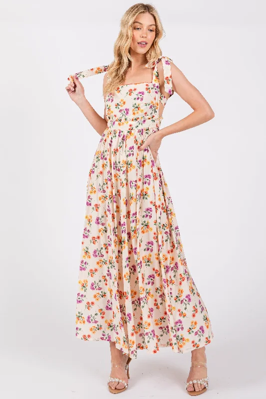 Women's midi dress flex glow -Cream Floral Open Back Midi Dress