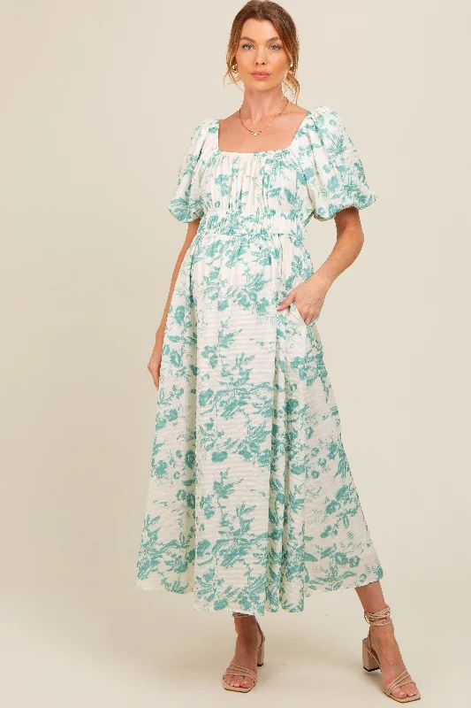 Women's midi dress vast glow -Teal Floral Puff Sleeve Maternity Midi Dress