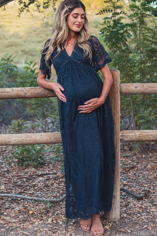 Women's floral dress twirl pop -PinkBlush Navy Blue Lace Mesh Overlay Maternity Maxi Dress