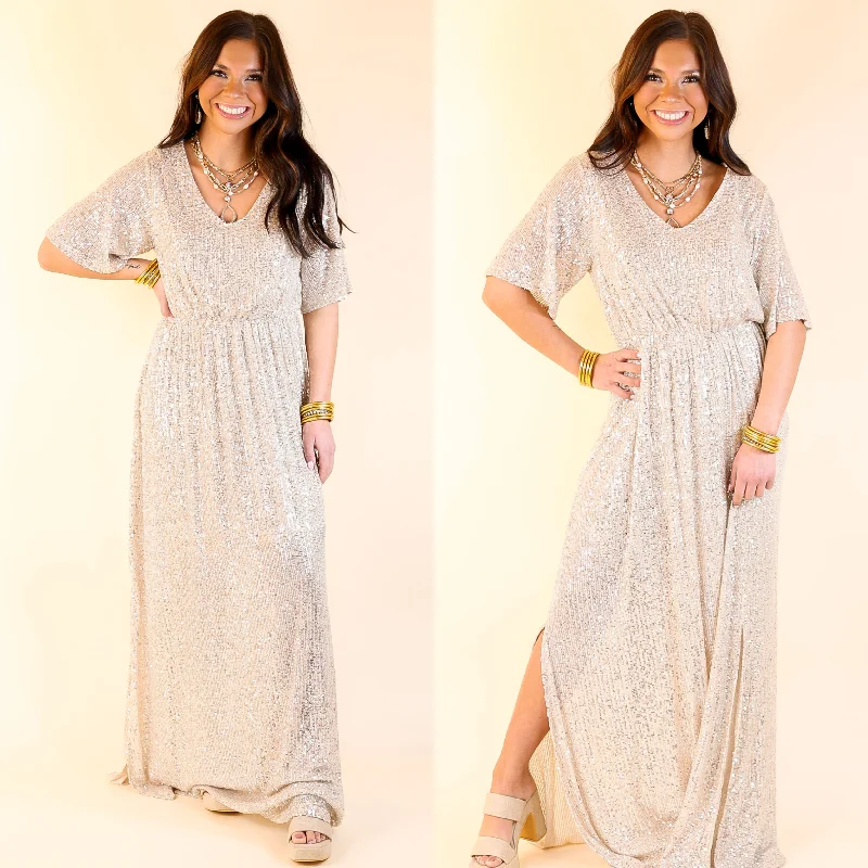 Women's floral dress calm glow -Sparkle In The City Short Sleeve Sequin Maxi Dress in Champagne