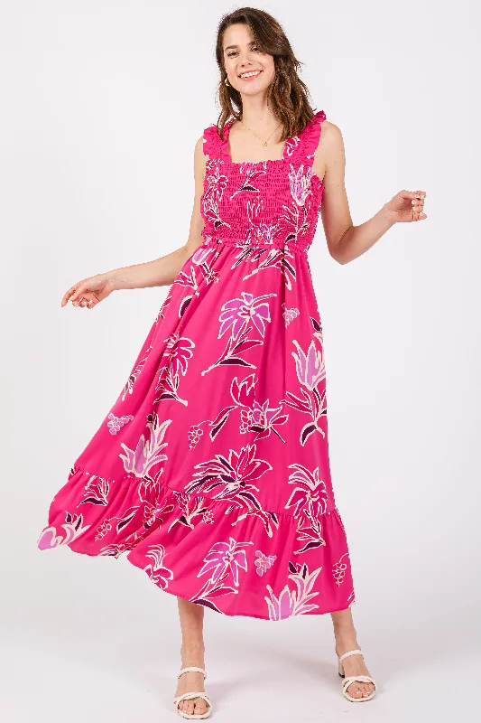 Women's midi dress grit pop -Fuchsia Floral Smocked Midi Dress