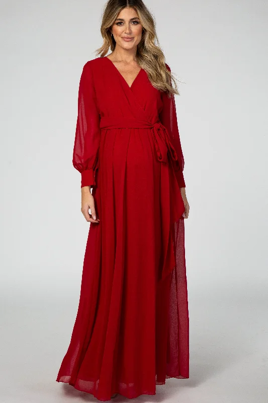 Women's floral dress flow glow -Red Chiffon Long Sleeve Pleated Maternity Maxi Dress