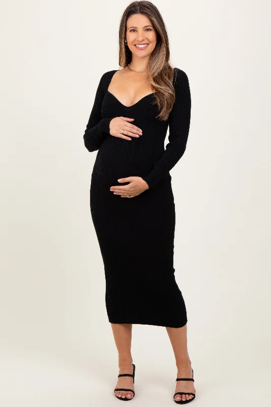 Women's midi dress vivid flair -Black Deep V-Neck Maternity Midi Sweater Dress