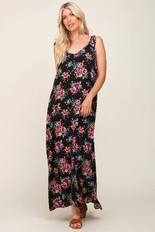 Women's floral dress twirl pop -Black Floral Shoulder Tie Maxi Dress