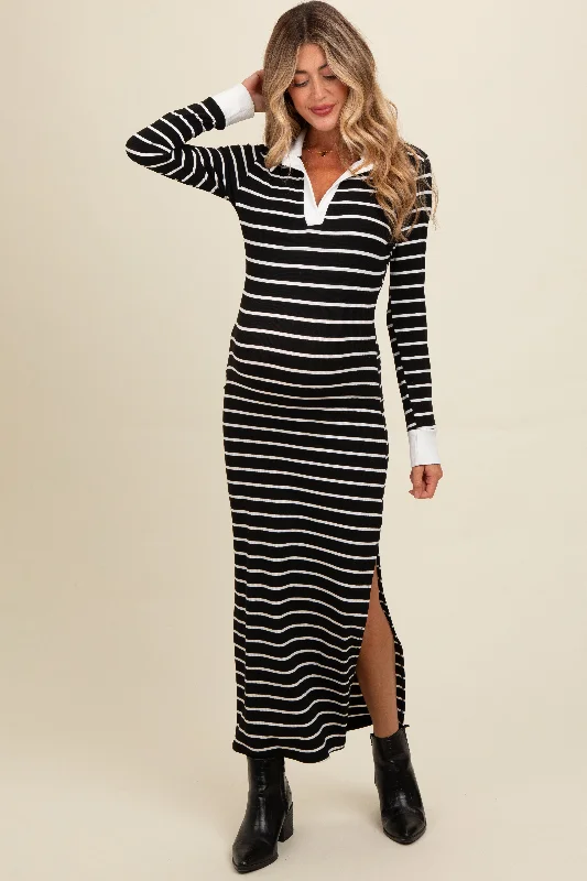 Women's midi dress sew pop -Black Striped Collared Long Sleeve Maternity Midi Dress