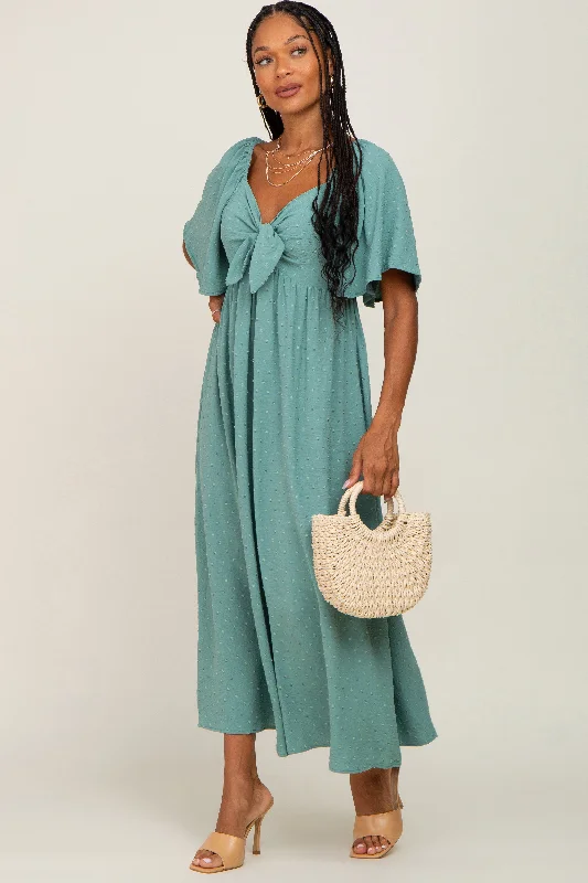 Women's midi dress slit glow -Sage Textured Dot Front Tie Ruffle Sleeve Midi Dress