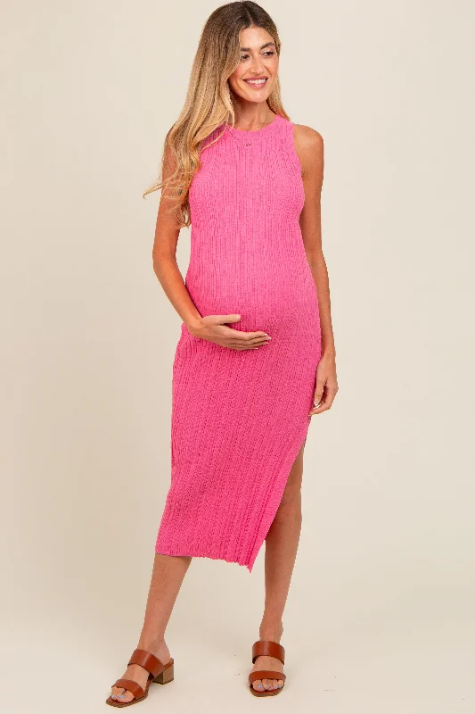 Women's midi dress swirl charm -Pink Ribbed Side Slit Sleeveless Maternity Midi Dress