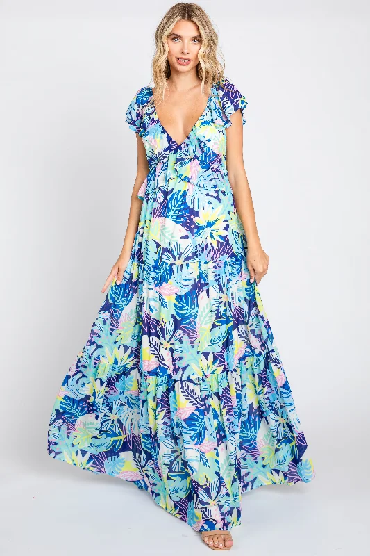 Women's floral dress flow glow -Blue Floral Ruffle Accent Maxi Dress