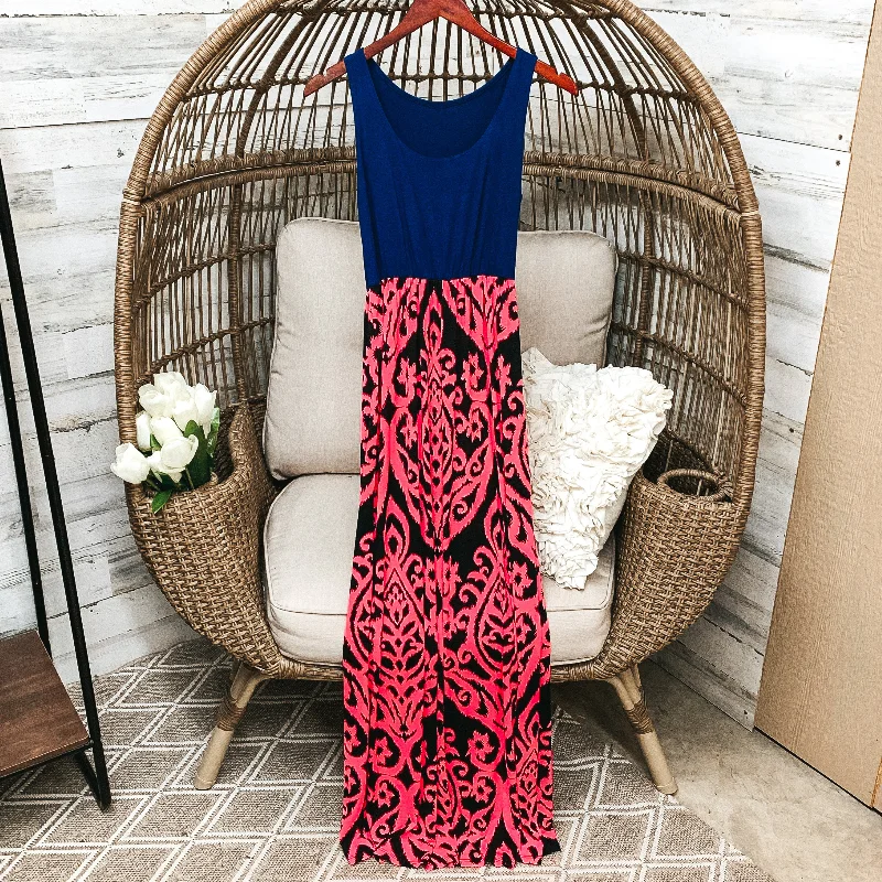 Women's floral dress web chic -Last Chance Size Small | Navy Blue Tank Maxi Dress with Hot Pink and Black Damask Pattern