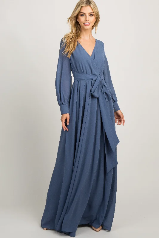 Women's floral dress ray flair -Blue Chiffon Long Sleeve Pleated Maxi Dress