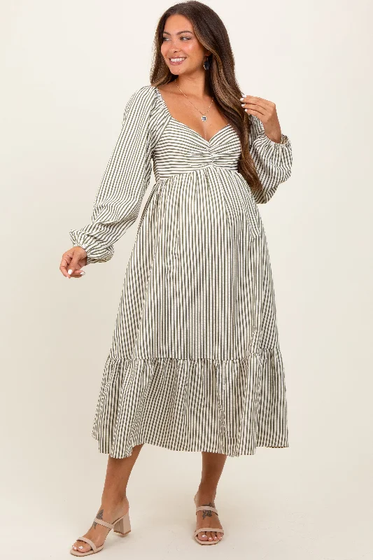 Women's midi dress multi chic -Olive Striped Ruched Bodice Balloon Sleeved Maternity Midi Dress